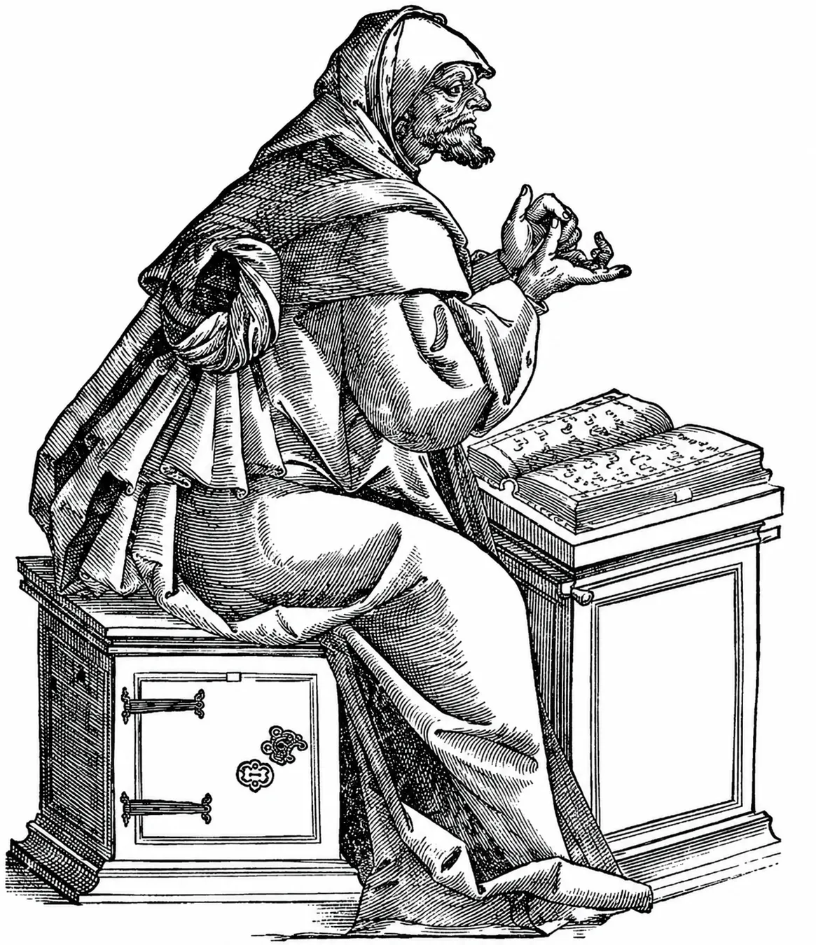 Woodcut of a scribe sitting at his desk.
